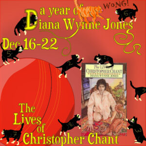 In Marnanel Thurman's image, the words "A Year of Diana Wynne Jones," the week we read the book, and the title of the book are superimposed over colorful original artwork on the book's theme, and a small image of a book cover of one of the possible editions. 