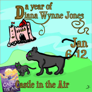 In Marnanel Thurman's image, the words "A Year of Diana Wynne Jones," the week we read the book, and the title of the book are superimposed over colorful original artwork on the book's theme, and a small image of a book cover of one of the possible editions.