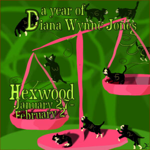 In Marnanel Thurman's image, the words "A Year of Diana Wynne Jones," the week we read the book, and the title of the book are superimposed over colorful original artwork on the book's theme, and a small image of a book cover of one of the possible editions.